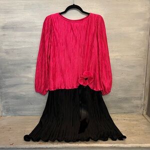 Vintage Denise Fashions Hot Pink Black Accordion Pleated Dress Size 8 GC